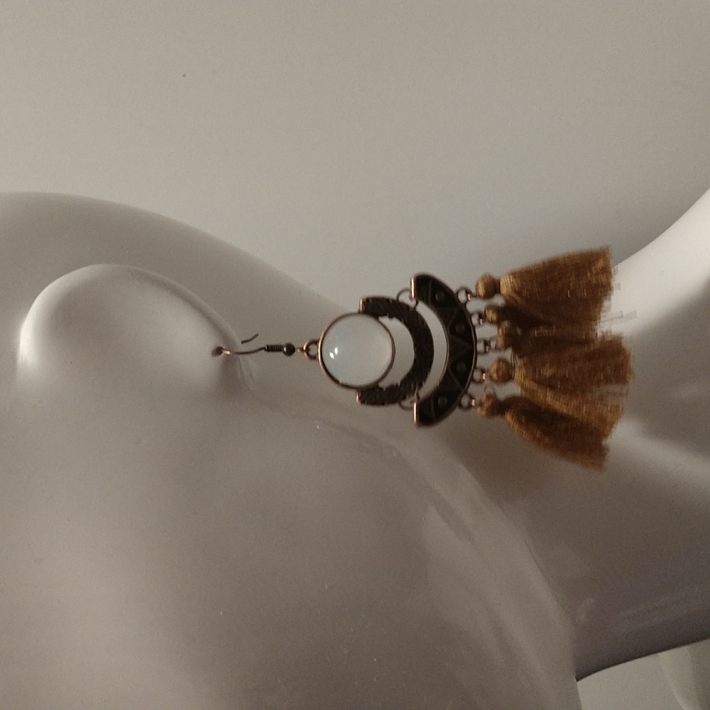 Moonstone Bronze Brown Tassel 3.5" Fishhook Earring Aztec Lightweight - Picture 2 of 5
